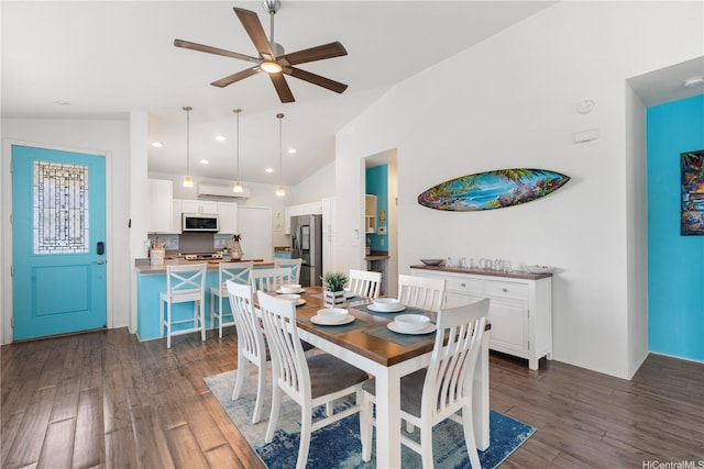 801 Kakala St Unit 50, Kapolei, HI 96707 - dining room with a ceiling fan, dark wood finished floors, high vaulted ceiling, and recessed lighting