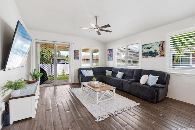 801 Kakala St Unit 50, Kapolei, HI 96707 - living room featuring plenty of natural light, a ceiling fan, wood finished floors, and vaulted ceiling