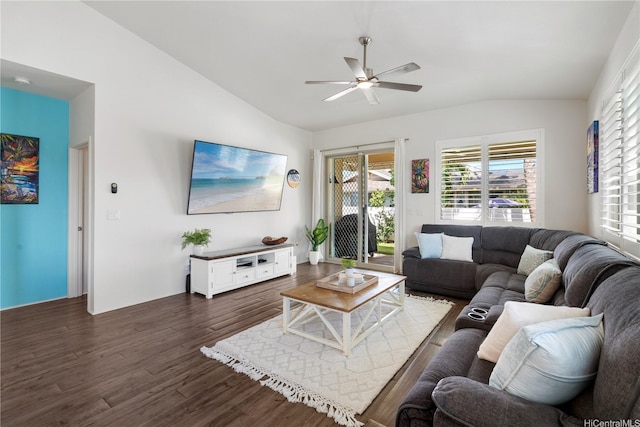 801 Kakala St Unit 50, Kapolei, HI 96707 - living room featuring vaulted ceiling, dark wood-style flooring, a ceiling fan, and healthy amount of natural light