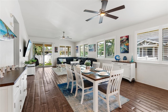 801 Kakala St Unit 50, Kapolei, HI 96707 - dining space featuring ceiling fan, dark wood-type flooring, vaulted ceiling, and healthy amount of natural light