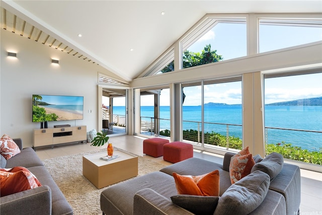 120 Hanapepe Loop, Honolulu, HI 96825 - living room with light tile patterned floors, high vaulted ceiling, and recessed lighting