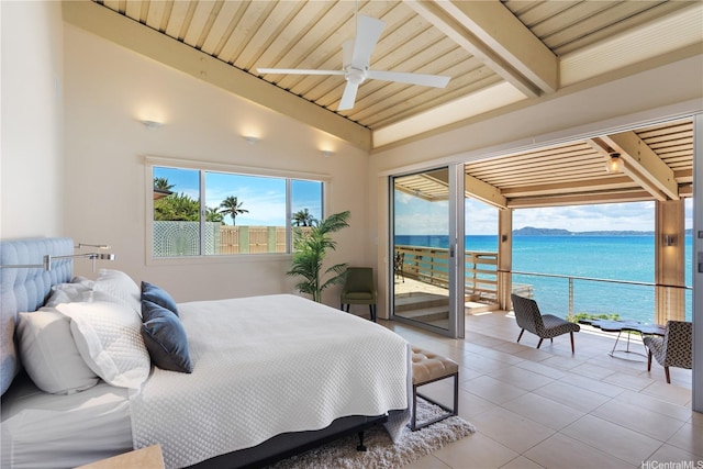 120 Hanapepe Loop, Honolulu, HI 96825 - tiled bedroom with a water view, access to exterior, wooden ceiling, and ceiling fan