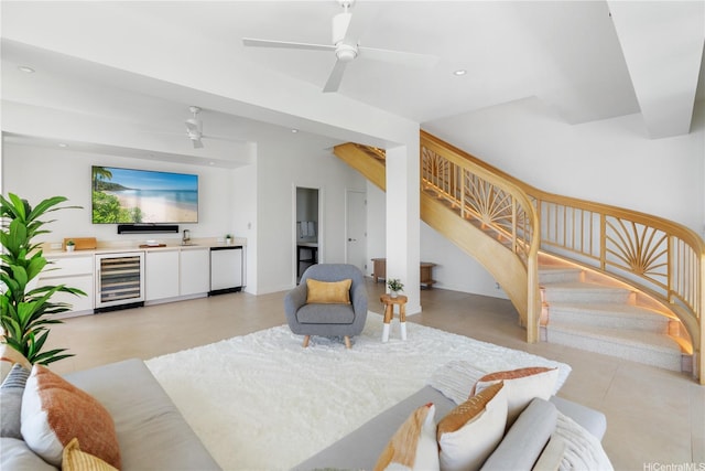 120 Hanapepe Loop, Honolulu, HI 96825 - living area featuring beverage cooler, stairway, a ceiling fan, light tile patterned floors, and recessed lighting