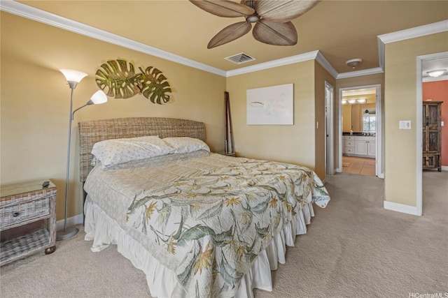 92-1037D Koio Dr Unit M1-4, Kapolei, HI 96707 - carpeted bedroom featuring crown molding, baseboards, ceiling fan, and ensuite bathroom
