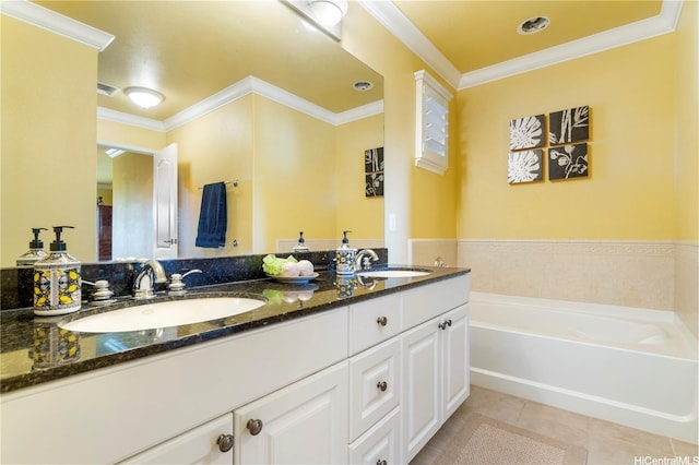 92-1037D Koio Dr Unit M1-4, Kapolei, HI 96707 - bathroom with tile patterned floors, double vanity, a bath, and ornamental molding