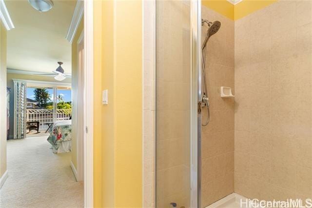92-1037D Koio Dr Unit M1-4, Kapolei, HI 96707 - full bath featuring a shower stall, a ceiling fan, and ornamental molding