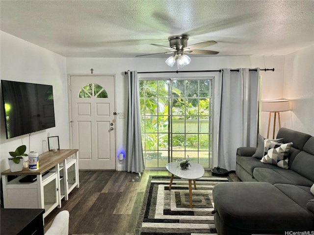 645 Mananai Pl Unit 23Bd, Honolulu, HI 96818 - living room with a textured ceiling, ceiling fan, and dark wood-style floors