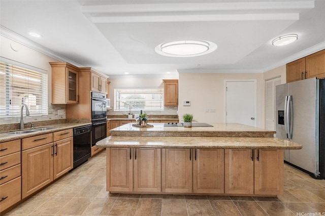 91-272 Kaieleele Pl, Ewa Beach, HI 96706 - kitchen with black appliances, a sink, a center island, a raised ceiling, and glass insert cabinets