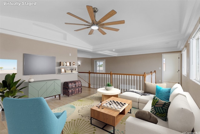 91-272 Kaieleele Pl, Ewa Beach, HI 96706 - living room with light wood-type flooring, ceiling fan, and vaulted ceiling