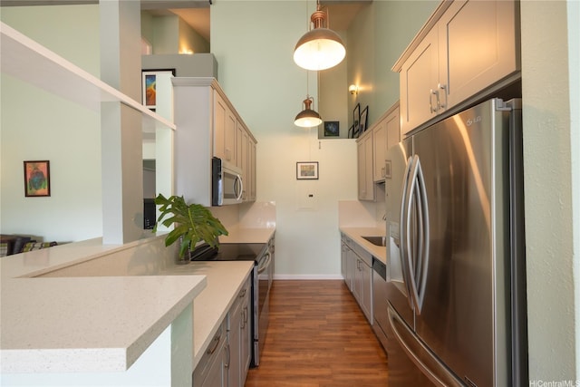 46-034 Puulena St Unit 722, Kaneohe, HI 96744 - kitchen with appliances with stainless steel finishes, a towering ceiling, dark wood-style flooring, decorative light fixtures, and baseboards