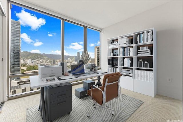 1001 Queen St Unit 1815, Honolulu, HI 96814 - carpeted home office featuring a view of city, a wall of windows, and a mountain view