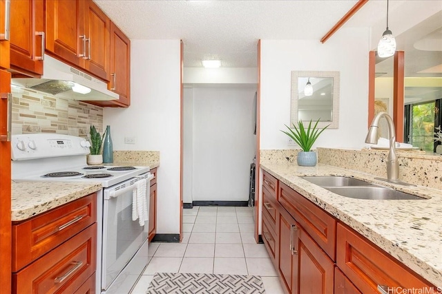 98-380 Koauka Loop Unit 304, Aiea, HI 96701 - kitchen featuring white electric range oven, a sink, backsplash, light stone counters, and light tile patterned floors