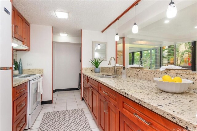 98-380 Koauka Loop Unit 304, Aiea, HI 96701 - kitchen with white appliances, a sink, light tile patterned flooring, decorative light fixtures, and light stone countertops
