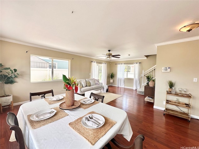 87-1976 Pakeke St Unit 5N, Waianae, HI 96792 - dining area featuring dark wood-style flooring, stairs, ornamental molding, baseboards, and ceiling fan