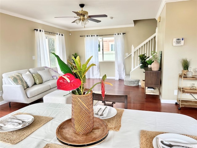 87-1976 Pakeke St Unit 5N, Waianae, HI 96792 - living area with stairway, wood finished floors, ceiling fan, crown molding, and baseboards