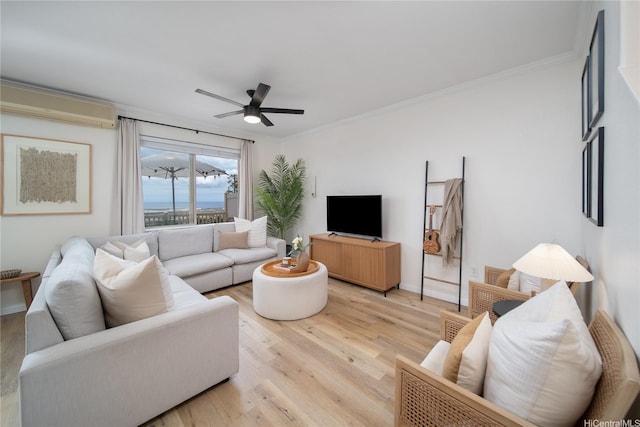 92-1143 Panana St Unit 1505, Kapolei, HI 96707 - living room with light wood-style flooring, crown molding, a ceiling fan, and baseboards