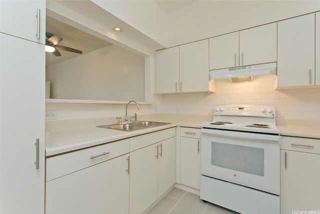 95-1030 Ainamakua Dr Unit 4, Mililani, HI 96789 - kitchen featuring under cabinet range hood, white electric range, a sink, and light countertops