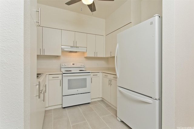 95-1030 Ainamakua Dr Unit 4, Mililani, HI 96789 - kitchen with white appliances, under cabinet range hood, light tile patterned floors, a ceiling fan, and decorative backsplash