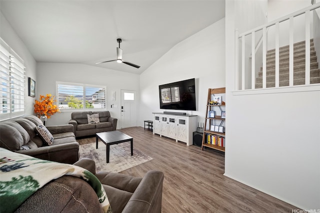 91-1811 Kapeku Loop, Ewa Beach, HI 96706 - living room with wood finished floors, a ceiling fan, and vaulted ceiling