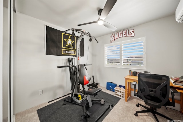 91-1811 Kapeku Loop, Ewa Beach, HI 96706 - exercise room with carpet flooring, a ceiling fan, and a wall unit AC