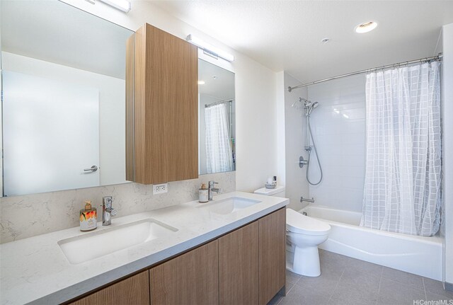 1391 Kapiolani Blvd Unit 4111, Honolulu, HI 96814 - bathroom with double vanity, shower / tub combo, toilet, and tile patterned flooring