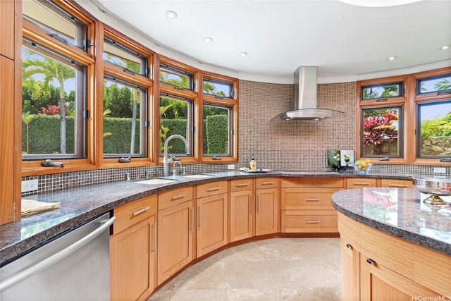 4498 Pahoa Ave, Honolulu, HI 96816 - kitchen with dishwasher, wall chimney exhaust hood, tasteful backsplash, dark stone countertops, and recessed lighting