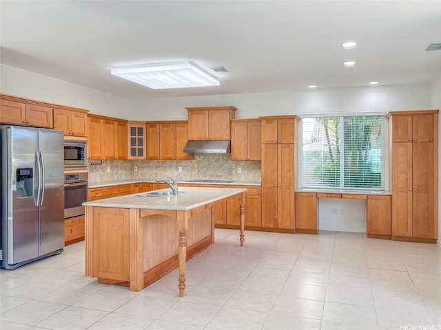 91-1019 Kai Uhu St, Ewa Beach, HI 96706 - kitchen featuring appliances with stainless steel finishes, under cabinet range hood, decorative backsplash, light countertops, and recessed lighting