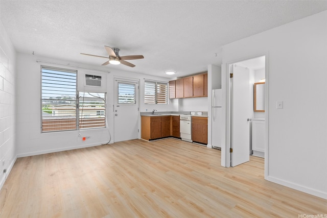 636 Nalanui St Unit 302, Honolulu, HI 96817 - kitchen featuring freestanding refrigerator, light wood finished floors, healthy amount of natural light, light countertops, and a textured ceiling