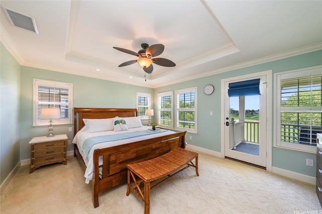 91-1099 Waikai St, Ewa Beach, HI 96706 - bedroom with a tray ceiling, crown molding, access to exterior, multiple windows, and light carpet