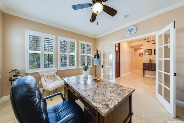 91-1099 Waikai St, Ewa Beach, HI 96706 - office with french doors, crown molding, baseboards, a ceiling fan, and light carpet