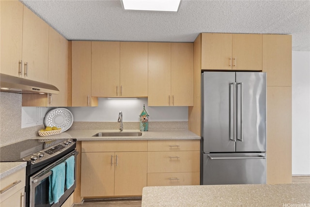 1333 Heulu St Unit 808, Honolulu, HI 96822 - kitchen featuring appliances with stainless steel finishes, a sink, under cabinet range hood, light brown cabinets, and light countertops