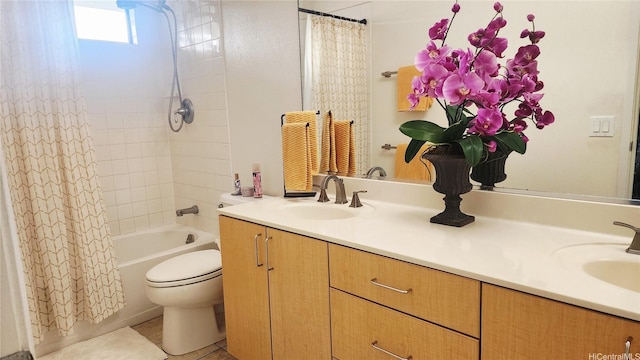 95-955 Ukuwai St Unit 1703, Mililani, HI 96789 - full bathroom featuring double vanity, shower / bath combo with shower curtain, toilet, and tile patterned floors