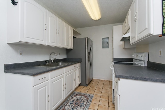 94-1045 Paha Pl Unit T3, Waipahu, HI 96797 - kitchen featuring electric stove, a sink, under cabinet range hood, electric panel, and dark countertops