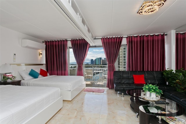 1777 Ala Moana Blvd Unit 937, Honolulu, HI 96815 - bedroom featuring a wall mounted AC, marble finish flooring, a city view, and access to outside