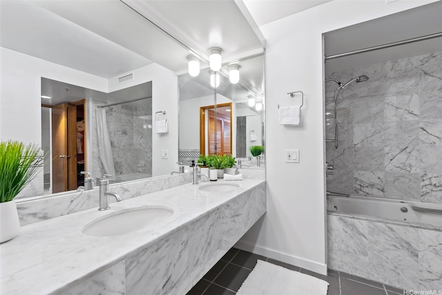 1330 Ala Moana Blvd Unit 3202, Honolulu, HI 96814 - bathroom with double vanity, a combined bath / shower with marble appearance, tile patterned flooring, and baseboards