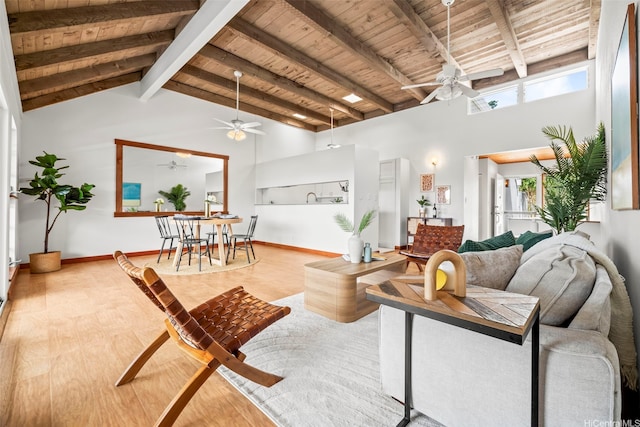 44-140-5MUIPL Mui Pl Unit 2705, Kaneohe, HI 96744 - living area with a ceiling fan, wooden ceiling with exposed beams, wood finished floors, high vaulted ceiling, and baseboards