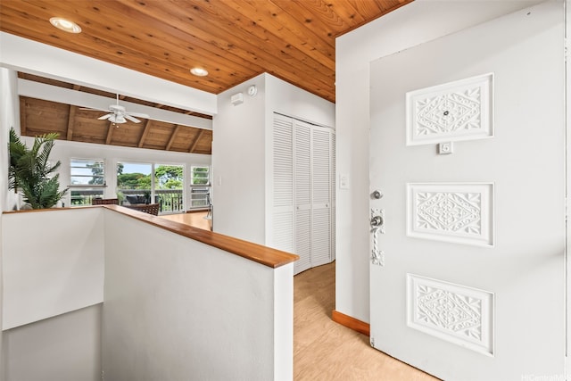 44-140-5MUIPL Mui Pl Unit 2705, Kaneohe, HI 96744 - hall featuring wood ceiling, light wood-style floors, an upstairs landing, recessed lighting, and vaulted ceiling