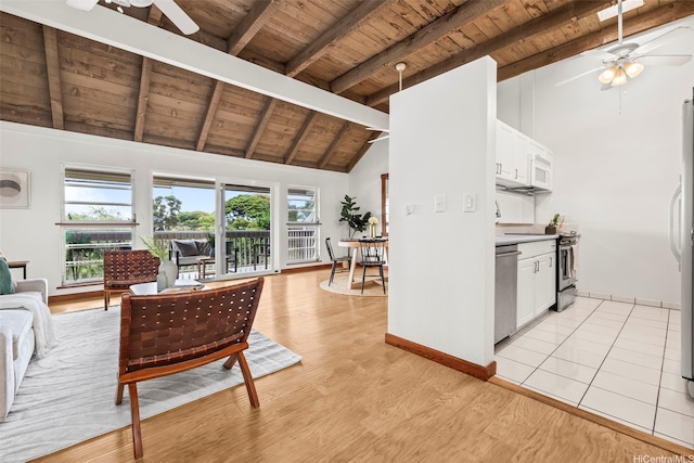 44-140-5MUIPL Mui Pl Unit 2705, Kaneohe, HI 96744 - living area with wood ceiling with exposed beams, ceiling fan, light wood-type flooring, high vaulted ceiling, and baseboards