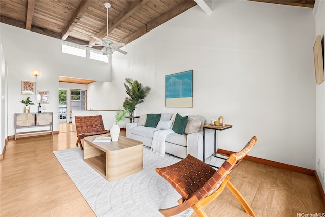 44-140-5MUIPL Mui Pl Unit 2705, Kaneohe, HI 96744 - living area with ceiling fan, wood finished floors, high vaulted ceiling, wood ceiling with exposed beams, and baseboards