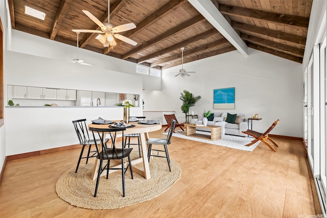 44-140-5MUIPL Mui Pl Unit 2705, Kaneohe, HI 96744 - dining room with wood ceiling with exposed beams, ceiling fan, high vaulted ceiling, light wood-type flooring, and baseboards