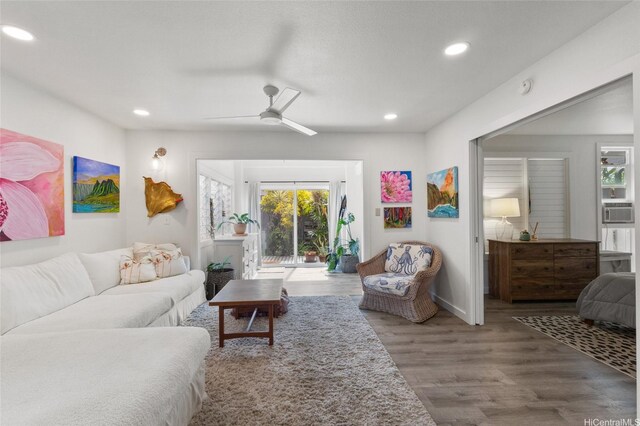 515 Keolu Dr Unit H, Kailua, HI 96734 - living room with ceiling fan, recessed lighting, cooling unit, and wood finished floors