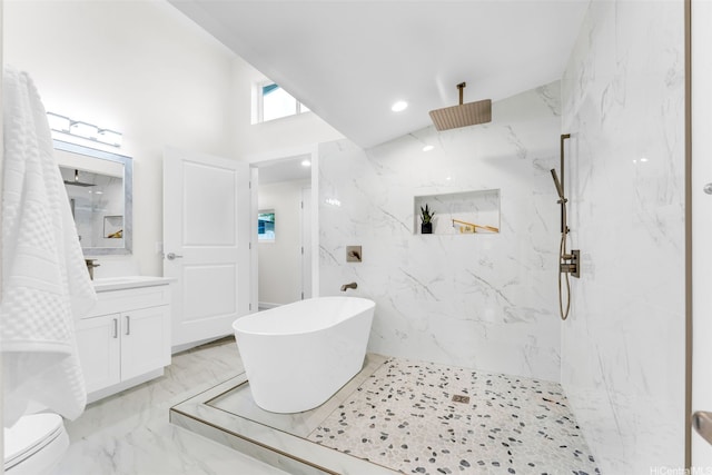 174 Hauoli St, Kailua, HI 96734 - full bathroom with marble tiled floors, vanity, a marble finish shower, and a freestanding tub
