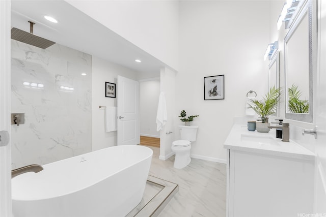 174 Hauoli St, Kailua, HI 96734 - full bathroom with marble tiled flooring, double vanity, a freestanding tub, toilet, and recessed lighting