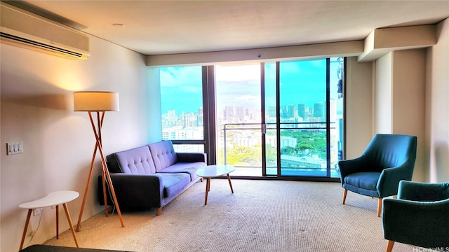 1200 Queen Emma St Unit 2804, Honolulu, HI 96813 - living room featuring a wall mounted air conditioner, a view of skyline, and carpet