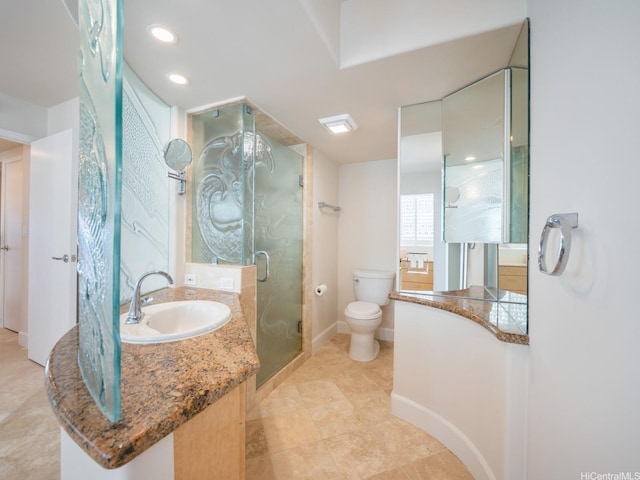3015 Kalakaua Ave Unit 901, Honolulu, HI 96815 - full bathroom featuring toilet, a stall shower, vanity, baseboards, and tile patterned flooring