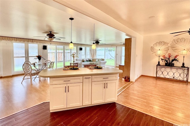 225 Aikane St, Kailua, HI 96734 - kitchen with ceiling fan, dark wood-style floors, open floor plan, light countertops, and white cabinets