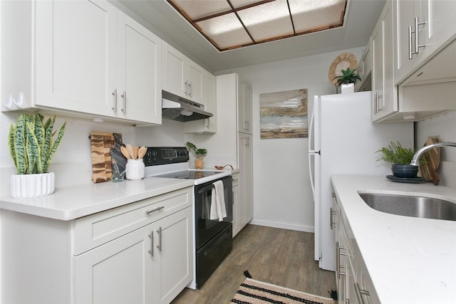 94-1139 Mopua Loop Unit J2, Waipahu, HI 96797 - kitchen with under cabinet range hood, electric stove, a sink, light countertops, and wood finished floors