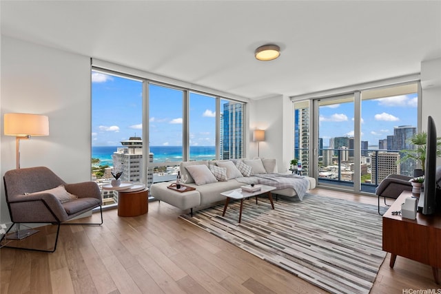 629 Keeaumoku St Unit 2912, Honolulu, HI 96814 - living area with floor to ceiling windows, wood finished floors, and a water view