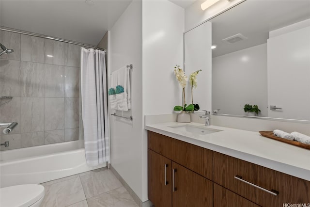 629 Keeaumoku St Unit 2912, Honolulu, HI 96814 - bathroom featuring vanity, shower / tub combo with curtain, toilet, and marble look tiles