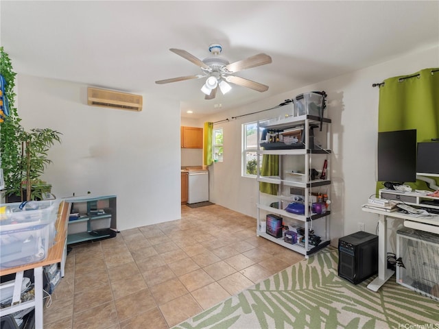 91-1105 Kaiko St, Ewa Beach, HI 96706 - living room featuring a wall mounted air conditioner, a ceiling fan, and light tile patterned floors